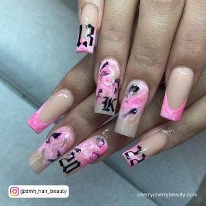 Black And Pink Marble Nails For Birthdays