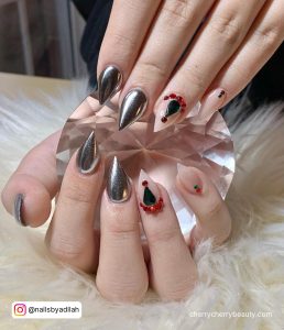 Black And Silver Chrome Nails With Rhinestones