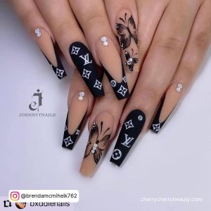 Black And White French Tip Nails With Butterflies