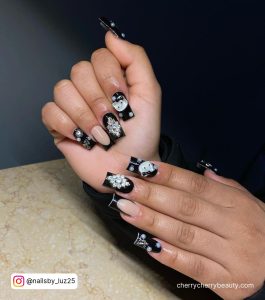 Black And White Nails Short With Embellishments