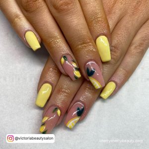 Black And Yellow Acrylic Nails With Petals