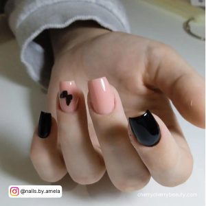 Black Coffin Nails Short With Butterfly On Ring Finger