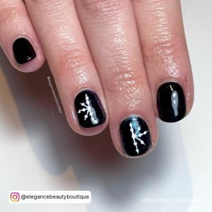 Black Nail Ideas Short With White Design On Two Fingers