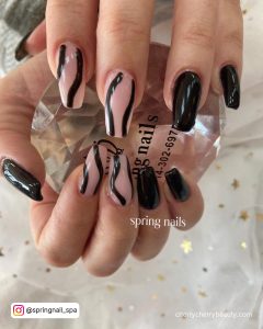 Black Nails With Black Line Design