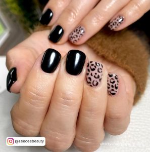 Black Short Nail Designs With Print On Clear Base Coat