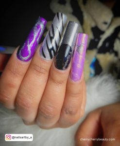Black Silver And Purple Nails With Marble Effect