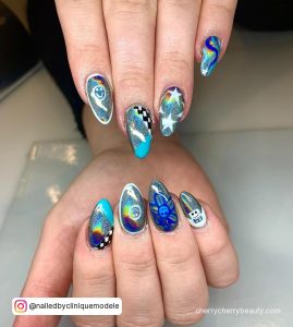 Blue Silver Chrome Nails With Galaxy Effect