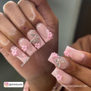 Boujee Acrylic Coffin Christmas Nails With Flowery Design, French Tips, And Butterfly