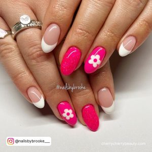 Bright Hot Pink Nails With Flowers