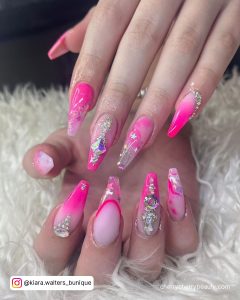 Bright Light Pink Nails With Rhinestones