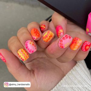 Bright Orange Pink Nails In Short Length