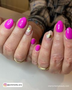 Bright Pink Acrylic Nails With Design On One Finger