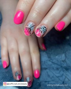 Bright Pink And Grey Nails With Black Design