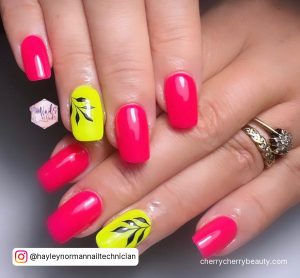 Bright Pink And Yellow Nails With Stems