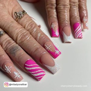 Bright Pink Christmas Nails In Coffin Shape