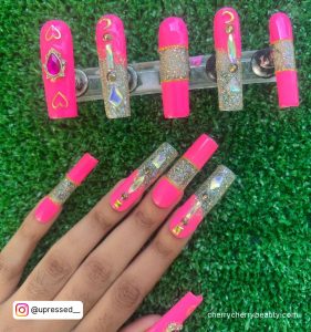 Bright Pink Coffin Acrylic Nails With Glue