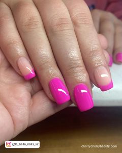 Bright Pink Coffin Nails In French Tip Design