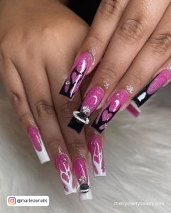 Bright Pink Glitter Nails With Black Tips