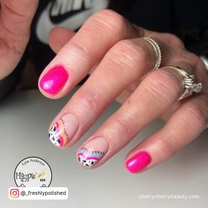 Bright Pink Nail Colors With Different Design On Two Fingers