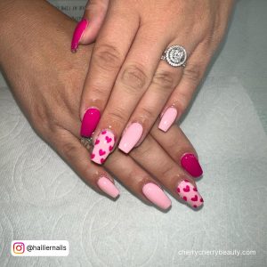Bright Pink Nails With Design With Hearts