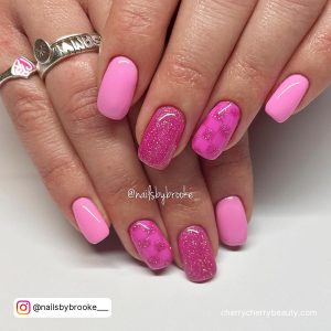 Bright Pink Nails With Glitter In Square Shape