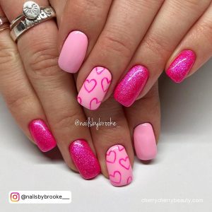 Bright Pink Nails With Hearts