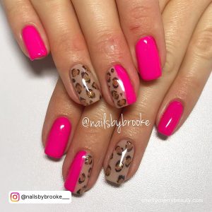 Bright Pink Short Coffin Nails With Leopard Print On Two Fingers