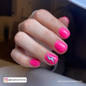 Bright Pink Short Nails With Lighting On One Nail