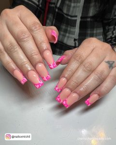 Bright Pink Tip Nails With Cute Hearts
