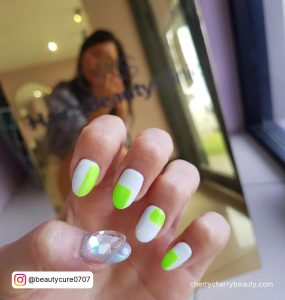 Bright Summer Acrylic Nail Ideas With Neon Green, White, Precious Stones With Room In Background
