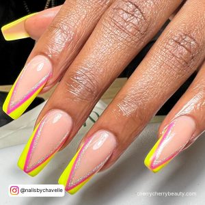 Bright Yellow, Pink, And Glitter French Tip Acrylic Nail Square Design Over White Surface