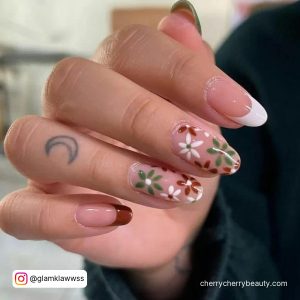 Brown Acrylic Nails Almond With Flowers