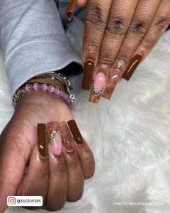 Brown Acrylic Nails Coffin With Diamonds
