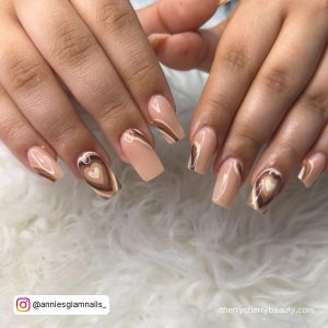 Brown Acrylic Nails With Hearts