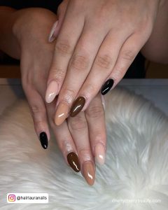 Brown Almond Acrylic Nails In Different Shades