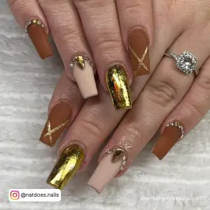 Brown And Gold Acrylic Nails With Diamonds