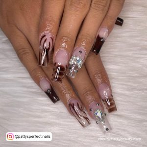 Brown Coffin Acrylic Nails With Rhinestones