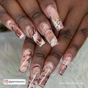 Brown Marble Acrylic Nails In Coffin Shape