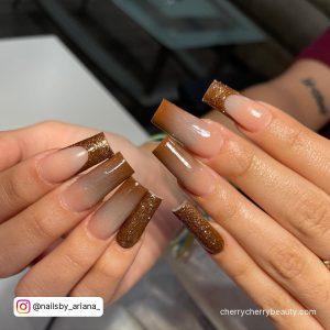 Brown Ombre Acrylic Nails With Glitter