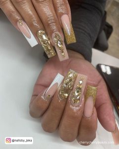 Champagne Rose Gold Acrylic Nails Colors With Rhinestones