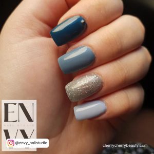 Chic Dusty Blue Acrylic Nails With Glitters