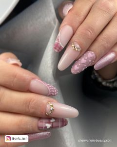 Christmas Pink Nail Designs With Hearts And Diamonds