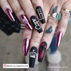 Chrome Hot Pink Nails With Matte Black Touch