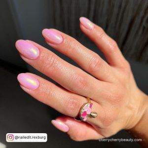 Chrome Light Pink Nails In Almond Shape