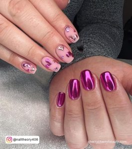 Chrome Nails Hot Pink With Hearts