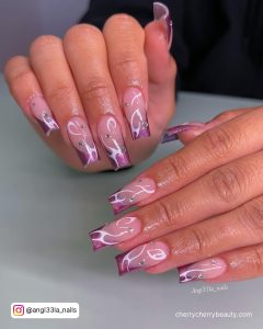 Chrome Nails Pink With Swirls And Diamonds
