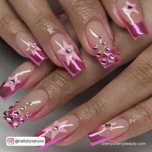 Chrome Pink Nails With Diamonds