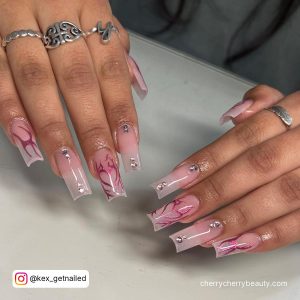 Clear Pink Chrome Nails With Diamonds