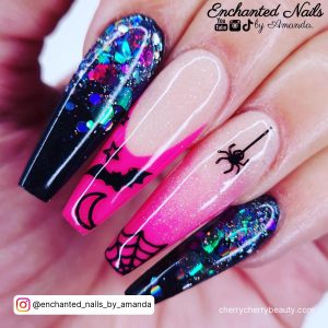 Coffin Acrylic Halloween Nails With Spiders And Bats