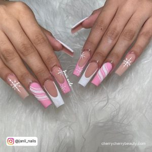 Coffin Acrylic Nails Nude With Pink And White Tips
